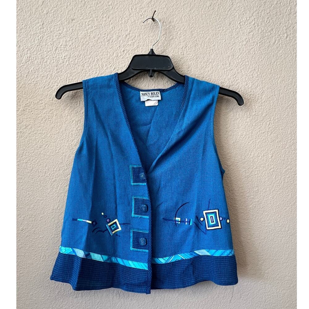 Vintage Nancy Bolen City Girl blue embroidered vest size S